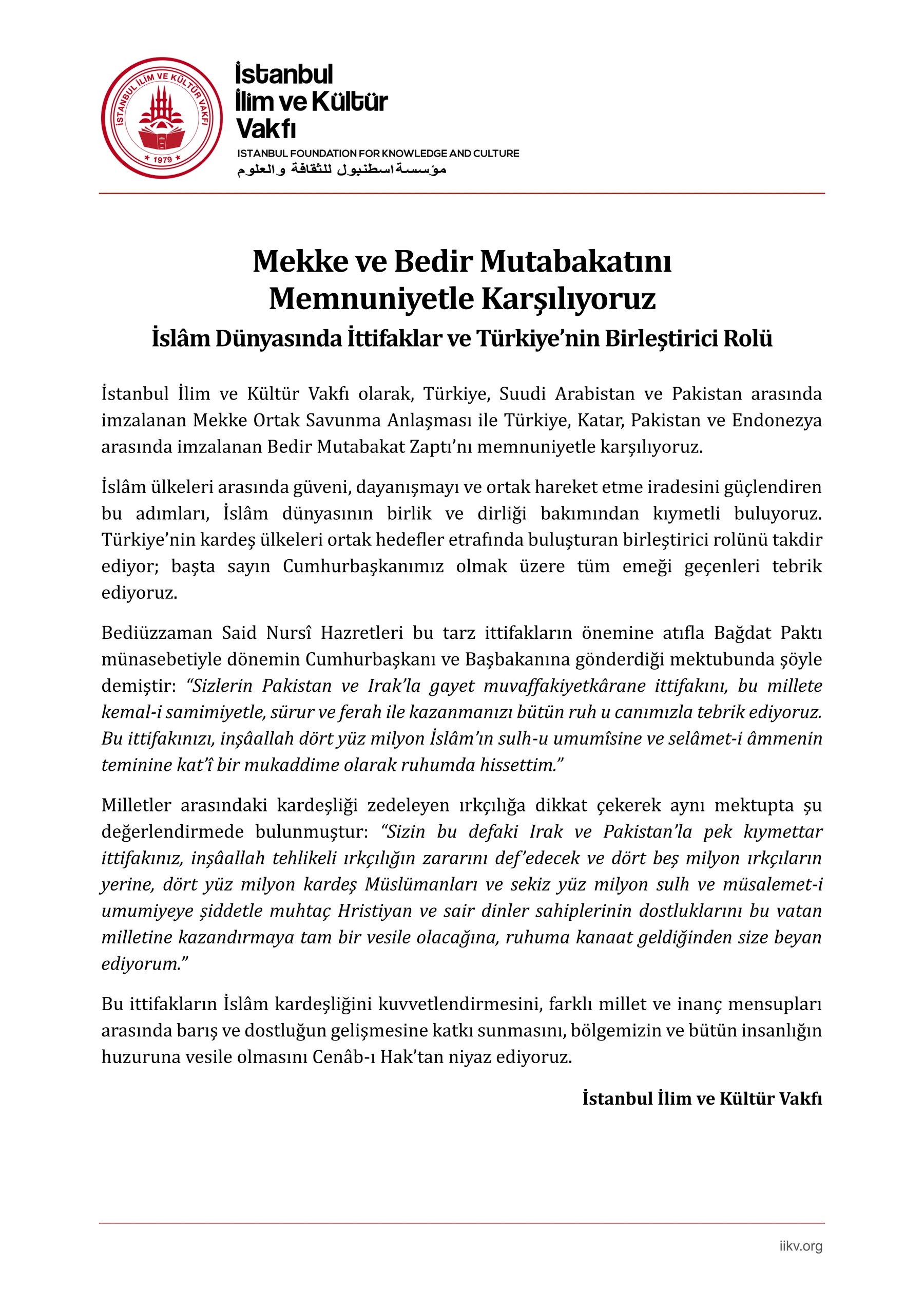 Mekke ve Bedir Mutabakatını Memnuniyetle Karşılıyoruz